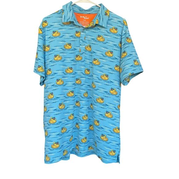 Birdie Bound Polo Shirt Mens Large Blue Rubber Duck Print Golf Performance Fun - Picture 1 of 8